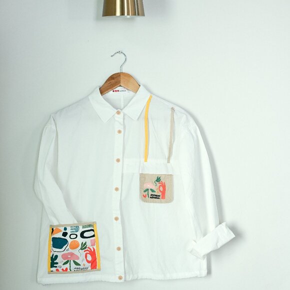 Source Unknown Tops - White Collared Button Down Shirt: Embroidery/Upcycled Pockets/Details